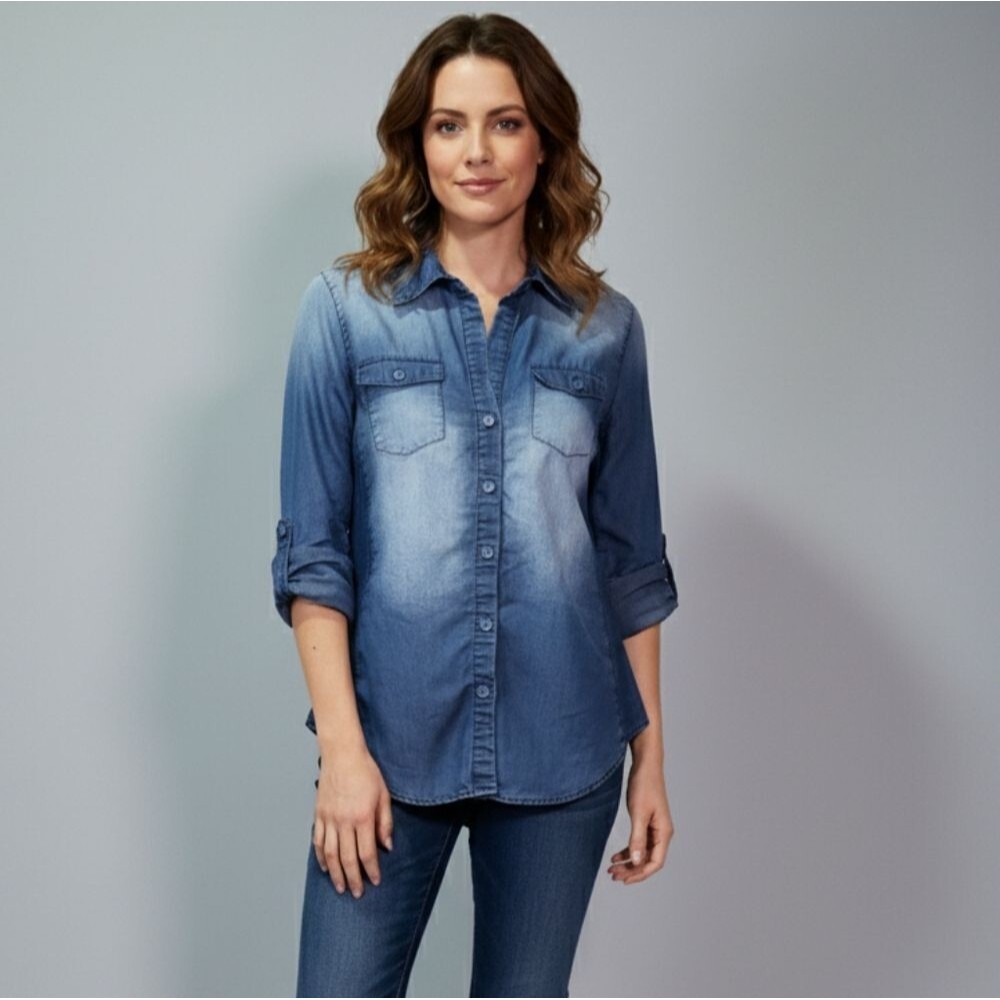 Chocolate u.s.a Women's Denim 3/4 Sleeve Button Down Top Size Medium 🐈